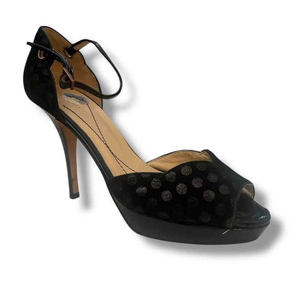 Kate Spade Black Suede Polka Dot Peep Toe Heels - Picture 1 of 7